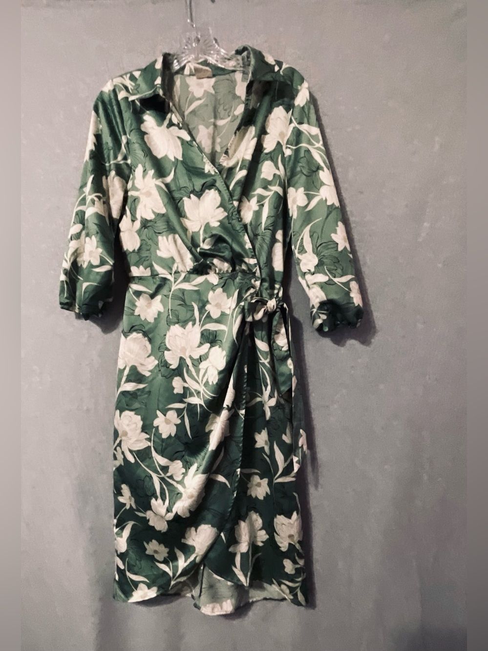 NAIF Green Floral Midi Wrap Dress with White Blooms Sz S